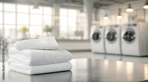 Stack Of White Folded Towels On A Reflective Surface In A Clean Laundry Facility With Shiny Washing Machines In The Background