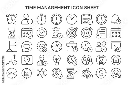 Time Management Icons: A comprehensive sheet of linear icons depicting various aspects of time management. The collection showcases an assortment of visual elements.