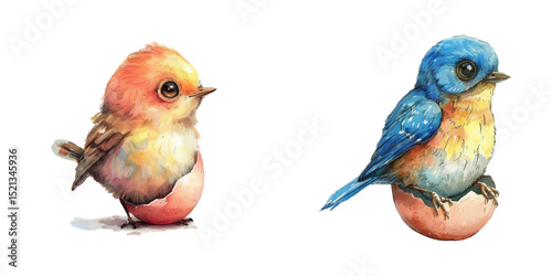 little bird hatching from egg watercolor vector illustration