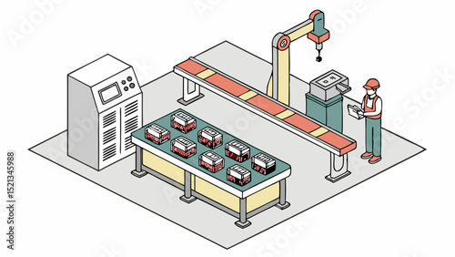Isometric view of a factory setup with robotic arm conveyor belt worker and packaged goods on a table top