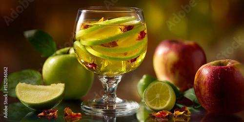 Detalle artístico del cóctel Apple de Liria con manzana y cítricos en foco. generativa IA