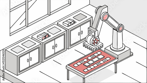 Isometric view of a robotic arm in a factory setting with cabinets and a table with objects on it