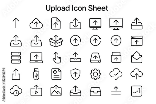 Upload Icon Collection: A comprehensive set of sleek, modern upload icons, perfect for any digital interface. Capturing the essence of file transfers, cloud storage, and online data sharing.