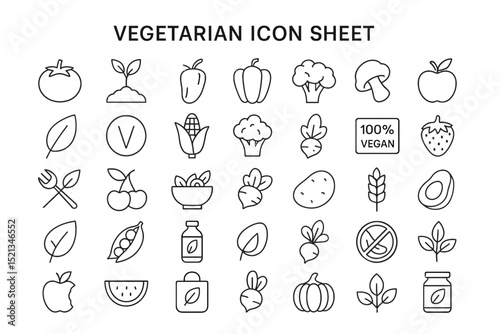 Vegetarian Icons: A visually appealing icon set, featuring an array of meticulously crafted line art illustrations, each celebrating the beauty and variety of vegetarian cuisine, perfect for designs.