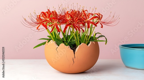Vibrant Red Spider Lilies in Unique Earth Tone Cracked Eggshell Pot on a Pink Background with a Turquoise Blue Ceramic Vase