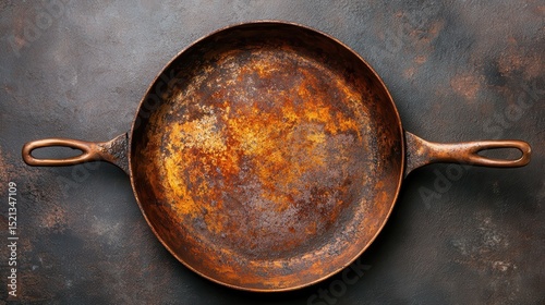 An antique skillet showcasing rich textures and intricate rust details evokes nostalgia, reflecting culinary history and the beauty of imperfect, aged items.