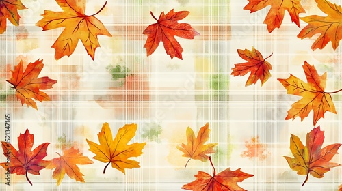Watercolor Autumn Leaves Pattern on White Grid Background with Orange and Yellow Hues as Decorative Floral Design