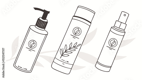 Illustration of three cosmetic containers with leaf logos and different dispensing mechanisms on a white background