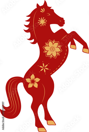 Red horse chinese new year horoscope symbol. Horse character, flower and asian elements for Lunar new year. Vector isolated.