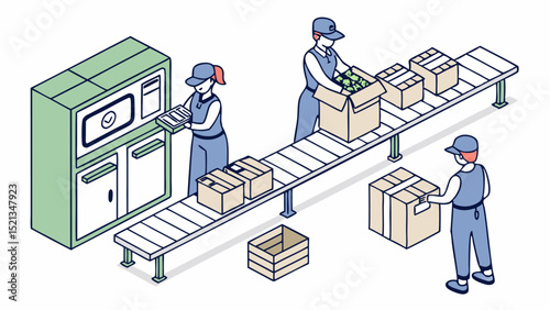 Illustration of factory workers packing boxes on a conveyor belt with a control panel machine present