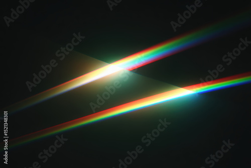Mesmerizing display of geometric rainbow light beams crossing against dark background, creating prism like abstraction. vivid colors evoke sense of wonder and high fidelity