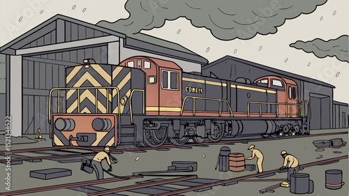 Locomotive under stormy skies with workers repairing tracks near train depot in an industrial area