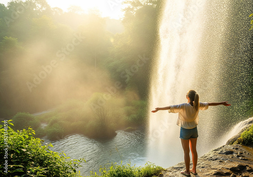the majestic view of a powerful waterfall cascading into a serene pool, surrounded by a lush tropical jungle	
