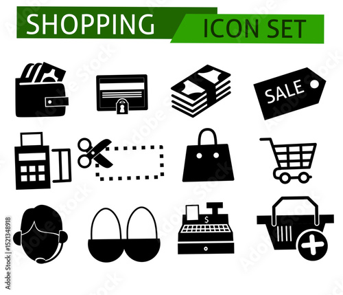 Icons in one color about shopping. Contains icons such as shopping cart, store, shipping, discount, online shopping and payment methods. Editable strokes