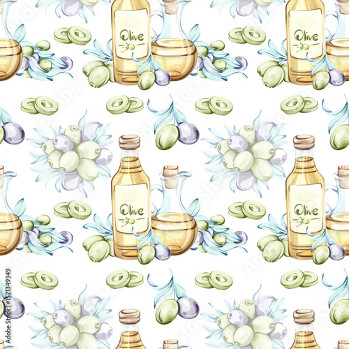 Olives and olive oil seamless pattern background wallpaper featuring vibrant watercolor illustrations inspired by Italian cuisine and natures beauty