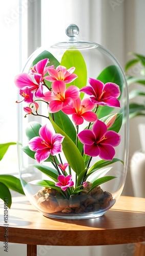 Pink flowers in a glass dome on a wooden table