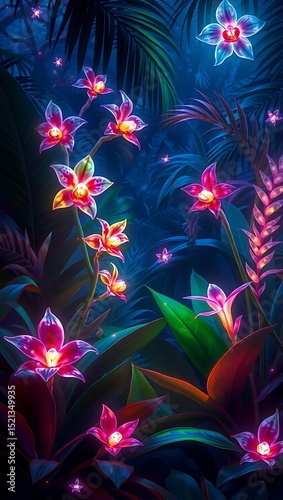 Glowing Orchids in a Tropical Night Garden