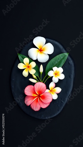 Spa Relaxation: Plumeria and Hibiscus Blossom on Black Stone