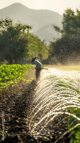 A farmer utilizes traditional irrigation methods, showcasing sustainable water use for healthier crops and practices in agriculture.