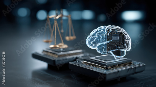 Futuristic scale balancing AI chip and human brain, symbolizing ethical technology and digital rights