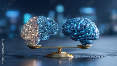 Futuristic scale balancing AI chip and human brain, symbolizing ethical technology and digital rights