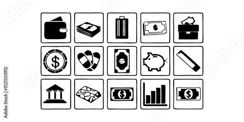 Finance line icon set. Vector pictograms of money, wallet, banking tools, currency symbols, investment chart, financial services, piggy bank, dollar thin linear illustration. 
