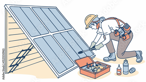 Technician repairing solar panels on a building with tools and equipment in an outdoor setting shown here