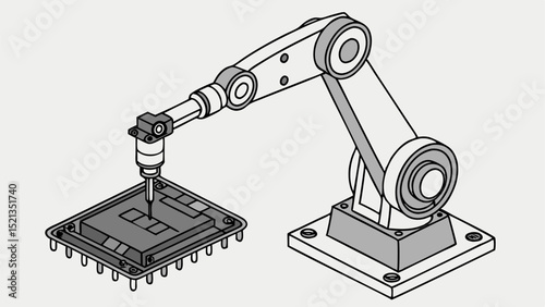 Isometric view of robotic arm working on microchip with visible pins and complex internal structure shown