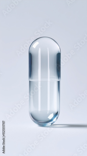 A clear, blue, transparent medicine capsule, front view, on a light gray background.