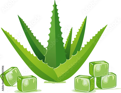 Modern illustration of aloe vera leaves and gel cubes, minimalistic and non-realistic design in green shades, arranged with soft shadow and space for text.