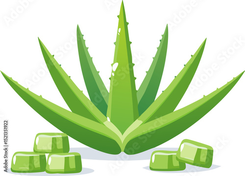 Minimal green aloe vera cluster with healing gel cubes shown below, stylized illustration for wellness, beauty, or botanical uses, smooth textures and white backdrop.