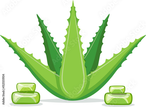 Herbal aloe vera plant in simple flat design with sliced green gel cubes, bold shapes and no outlines, gentle shadow beneath for visual depth.