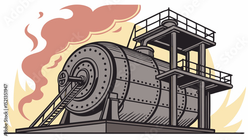 Illustration of a large industrial boiler with ladder and platform emitting smoke into the air around it