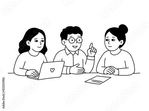 Meeting at the office. Three people sitting at table discussing brainstorming, teamwork support training. Line art illustration