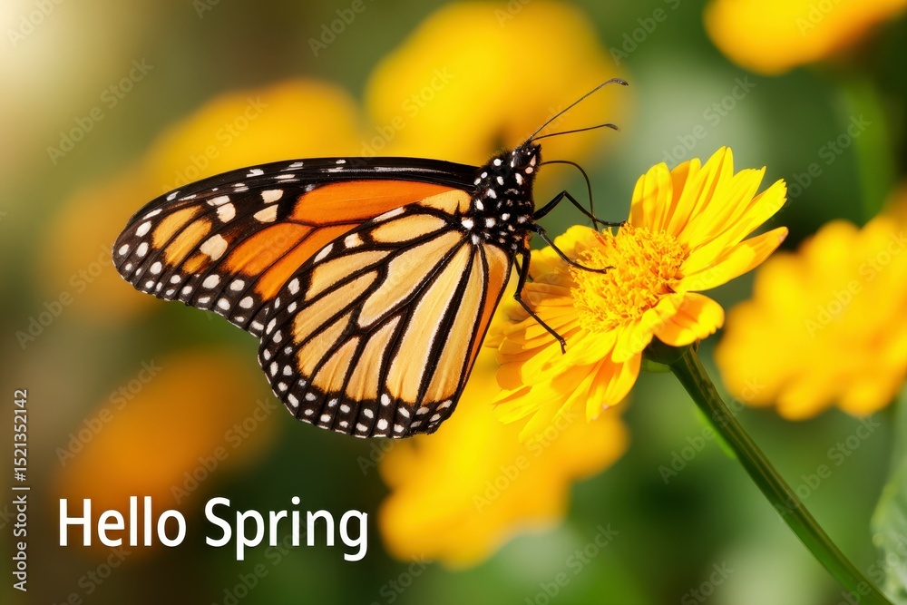 Obraz premium Hello Spring Background Banner. Beautiful Monarch Butterfly Resting on Bright Yellow Flower in Spring Garden with Vibrant Colors and Soft Background Ideal for Nature Lovers