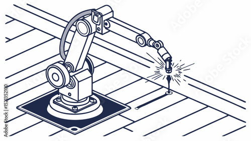 Robotic arm welding on a wooden surface with sparks and a dark square base in a line drawing style