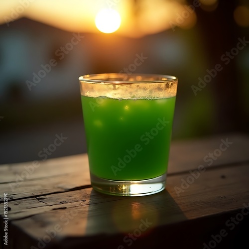 Wallpaper Mural Refreshing Green Drink on Wooden Table at Sunset Torontodigital.ca