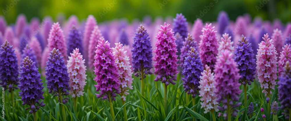 Obraz premium Spring garden flowers. Vibrant field of spring hyacinths flowers in full bloom, banner with soft background