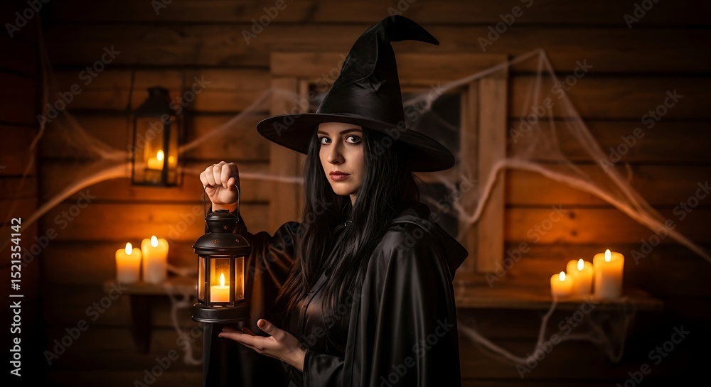 Obraz premium Mysterious Witch in a Dark Wooden Cabin with Candles and Cobwebs