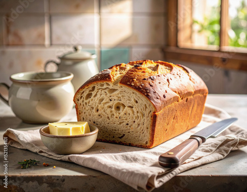 Whole Grain Multiseed Bread with Herbed Butter on Stone Counter, Rustic Kitchen Setting