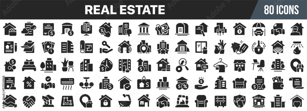 Real estate black icons collection. Big UI icon set in a flat design. Vector illustration EPS10