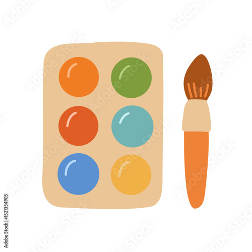Colorful watercolor palette with brush vector illustration. Ideal for art supplies, creativity, and crafting themes. Perfect for design projects and educational materials.