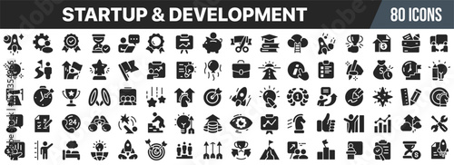 Startup and development black icons collection. Big UI icon set in a flat design. Vector illustration EPS10