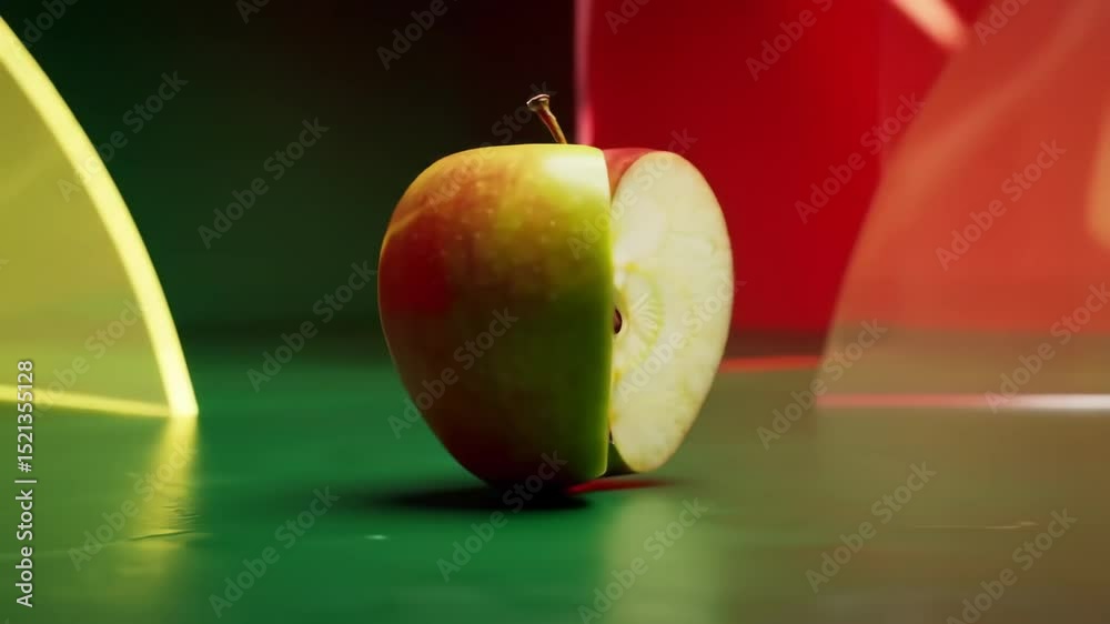 Cinematic orbit and zoom on split red-green apple with geometric colored background and reflections