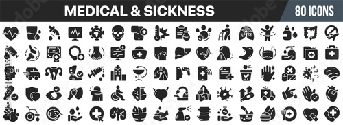 Medical and sickness black icons collection. Big UI icon set in a flat design. Vector illustration EPS10