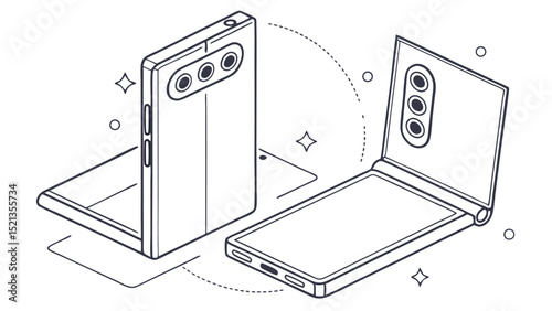 Isometric line art of two foldable phones with camera modules and hinge mechanisms on a white background