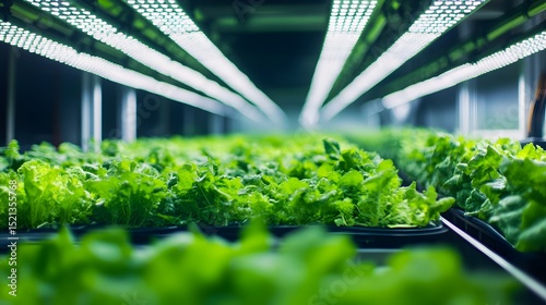 A bright indoor hydroponic farm with rows of leafy greens growing in water based systems, illuminated by efficient LED lights