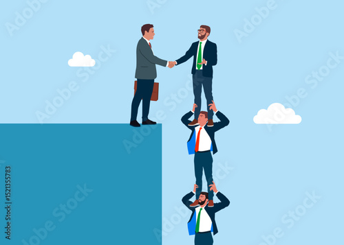Merger and acquisition with business people shaking hands, success. Businessmen holding each other on their shoulders. Flat vector illustration