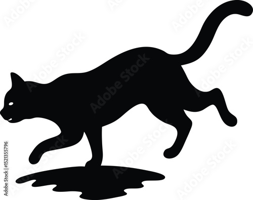 Stylized Cat Silhouette Leaping Over Japanese Pagoda Design