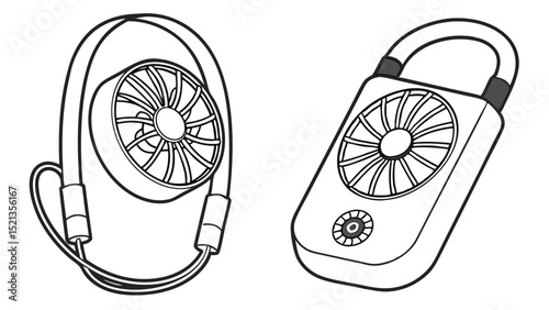 Illustration of two portable fans one hanging and one standing with visible fan blades and power button